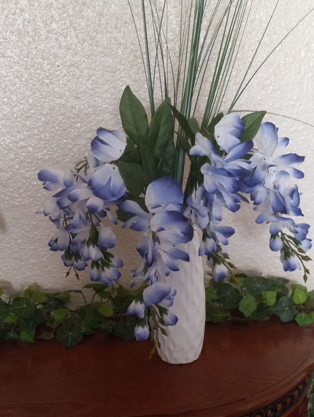 Blue Artificial Wisteria Floral Arrangement in White sturdy plastic vase
